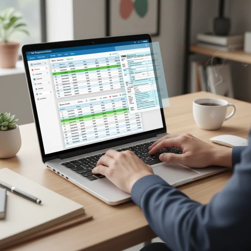 Professional working on tax preparation at a modern desk