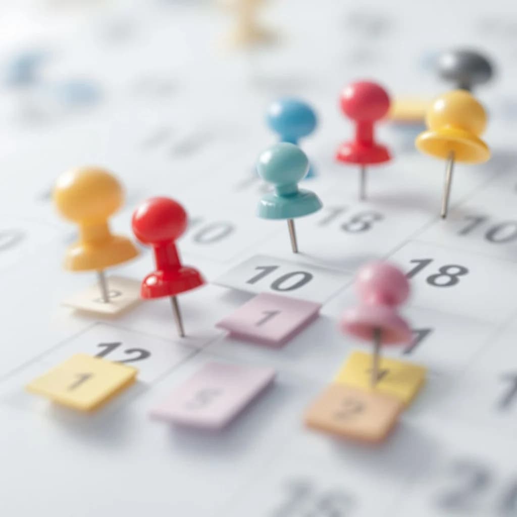 Colorful pushpins marking dates on a calendar