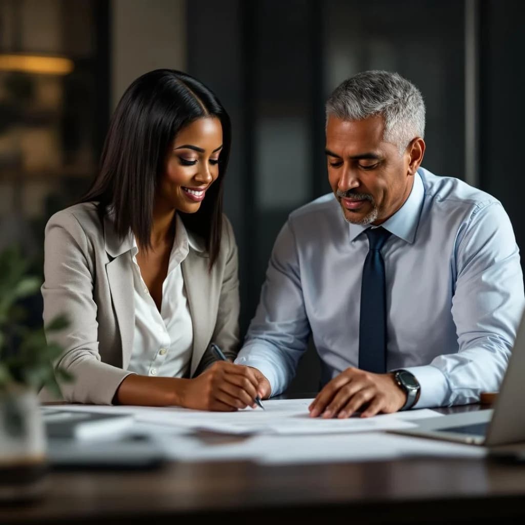 A Tax Genius Pro tax preparer helping a client complete and sign paperwork at a desk
